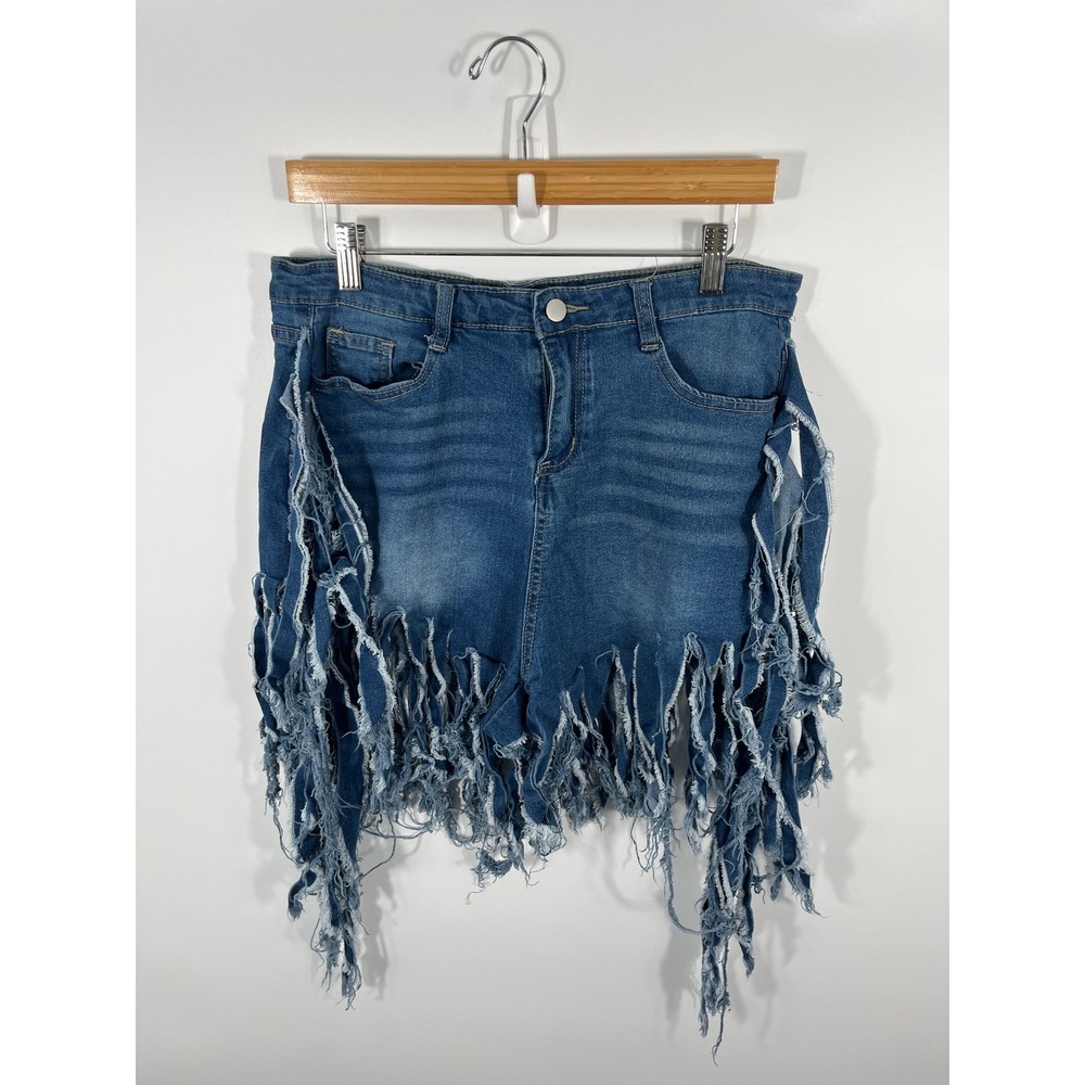 Womens Distressed Denim Shorts 2XL Blue Fringe Western Rodeo Festival Concert